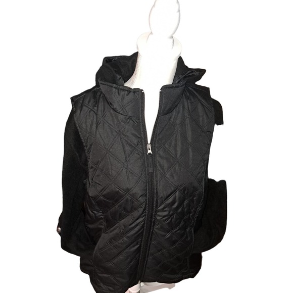 NIB-Med Denim&Co Black Quilted Zip Front Vest Removable Fleece Hoodie - Picture 7 of 9